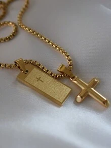 MECYLIFE 1pc Personalized Scripture Cross Pendant Stainless Steel Men's Necklace - Yellow Gold - View 4