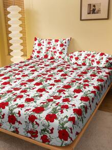 1pc Red Floral Vine Printed Brushed Fitted Sheet, Printed Bed Cover For Bedroom (Pillowcases Not Included)