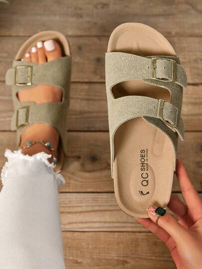 女士復古麂皮金屬扣平底涼鞋，舒適柔軟鞋墊，圓頭，皮帶扣，休閒風格，適用於戶外旅行，海灘，春夏季，綠藍色，厚塊軟木帶平底拖鞋