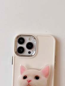 Ins實色手機殼，適用於iPhone 15 11 14 13 12 Pro Xs Max XR X 7 8 6 Plus SE 2020，帶貓咪支架，奢華金屬相機框手機殼，防震保護背殼 - 白色 - 查看 9