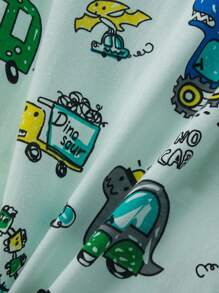 2pcs/Set Young Boy Summer Lightweight  Pajamas Set, Cartoon Printed Homewear, Short Sleeve Tee And Shorts, Dinosaur & Car Pattern - Green - View 5