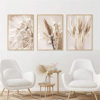 3pcs Bohemian Style Decoration Painting Set, Modern Minimalist Beige Floral Dandelion Reed Wheat Spike Plant Wall Art Prints For Home, Living Room, Bedroom Background, Optional Canvas Framing