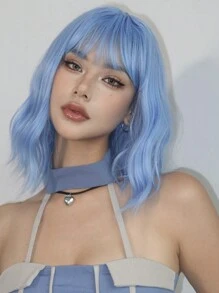 Short Bob Wigs With Bangs For Women Loose Wavy Wig Curly Wavy Shoulder Length Bob Synthetic Cosplay Wig For Girl Colorful Costume Wigs (Light Blue Wig)