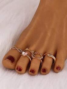 Set Of 6 Fashionable Open Heart Toe Rings For Women, Including Butterfly Adjustable Knuckle Rings And Beach Foot Rings - 6 Piece Set - View 1