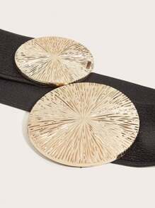 Textured Metal Round Buckle Belt - Gold - View 9
