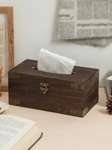 1pc Rustic Brown Solid Wood Tissue Box Holder Rectangular Cover, Decorative Bathroom Facial Tissue Box Holder With Hinged Lid - Brown - View 7