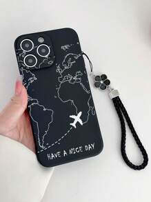 1pc Straight Edge World Map Airplane Line Design Protective Phone Case With Handmade Woven Lanyard Compatible With IPhone XR/7/8, IPhone 15 Pro Max, IPhone 13, IPhone 14, IPhone 11, Galaxy S22, Galaxy A13 4G, Galaxy A52, Galaxy A52s 5G, Redmi Note 11, 11 Lite