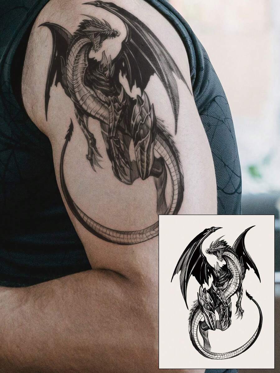 1pc Black Classic Mythical Flying Dragon Pattern Large Body Temporary Tattoo Sticker For Arms/Chest/Belly/Back