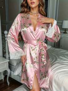 3 Pieces Women's Elegant Satin Belt Contrast Lace Pajamas Set With Sexy Lace Bralette And Soft Robe - 粉色 - 查看 3