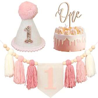 手工制作的第一个生日闪亮装饰毛绒球帽，粉色针织流苏花环生日房间装饰