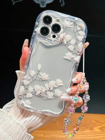 1pc Ins Space Themed Transparent Cream Silicone Protective Case With Wrist Strap, Compatible With Apple