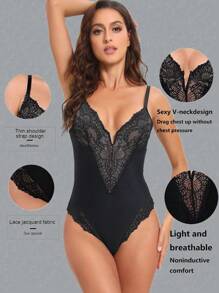 1pc Women Lace Hollow Bodysuit, Sexy Shapewear Slimming Underwear For Body Shaping - Black - View 3