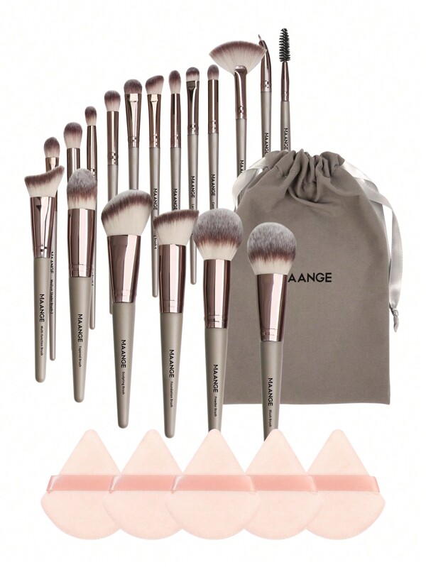 MAANGE 18pcs Professional Makeup Brush Set With Cloth Bag&5pcs Triangle Powder Puff,Makeup Tools With Soft Fiber For Easy Carrying,Foundation Brush,Eye Shadow Brush,Blending Brush,Eyebrow Brush,Brush Set For Travel