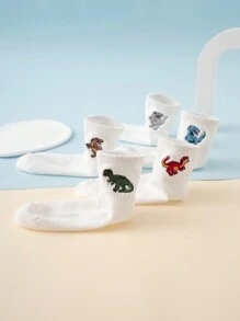 5 Pairs Of Interesting, Personalized, Cartoonish And Cute Basic Embroidered Dinosaur Pattern Children's Mid-Calf Socks, Sports Socks, All-Season Style, European And American Sizes, Comfortable, Breathable And Durable, Rich In Colors, Suitable For Daily Wear, Made Of High-Quality Fabric, Not Stuffy Feet. - White - View 4