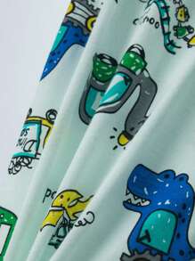 2pcs/Set Young Boy Summer Lightweight  Pajamas Set, Cartoon Printed Homewear, Short Sleeve Tee And Shorts, Dinosaur & Car Pattern - Green - View 7