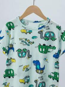 2pcs/Set Young Boy Summer Lightweight  Pajamas Set, Cartoon Printed Homewear, Short Sleeve Tee And Shorts, Dinosaur & Car Pattern - Green - View 3