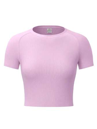 女士运动压缩 T 恤，短袖，圆领，快干，紧身，露肚腩，适合跑步，健身训练健身房上衣紧身衫