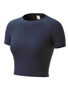 Women's Quick Dry Compression Workout T-Shirt With Short Sleeves, Round Neck And Open Belly Design For Running And Fitness Training Gym Top Tight Shirts