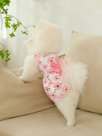 春夏寵物貓狗粉色花卉公主裙配蝴蝶結