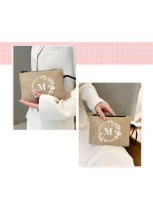 1Pc Letter Printed Linen Zipper Bag,Fashionable Wreath Letter Pattern,Coin Purse, Makeup Bag - Khaki - View 6