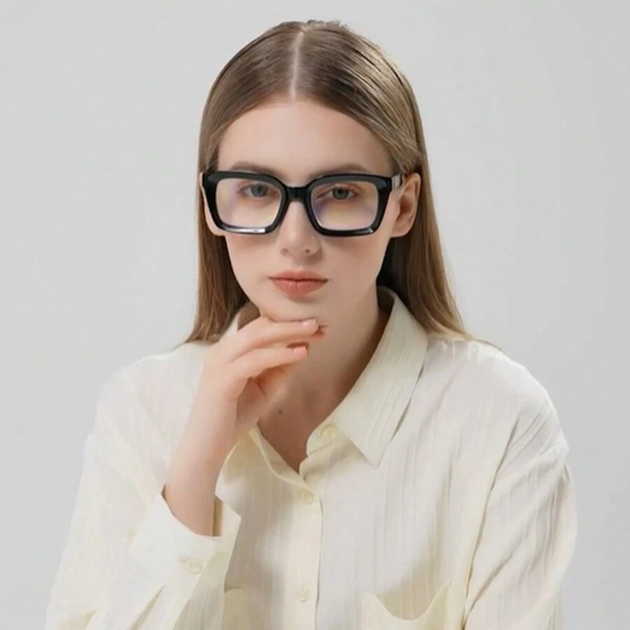 1片輕奢網紅款黑框裸色皮革女士扁框眼鏡，大框架神器，適用於方形和圓形臉型的眼鏡框架 - 黑色 - 查看 1