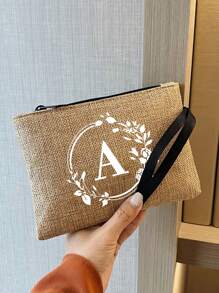 1Pc Letter Printed Linen Zipper Bag,Fashionable Wreath Letter Pattern,Coin Purse, Makeup Bag - Khaki - View 4