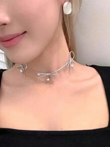 1 件韩国简约性感风格手工蝴蝶结皮革颈链，适合女士，带人造珍珠装饰，高端锁骨链，情人节、妈妈、母亲、母亲节、礼物 - 蝴蝶結 - 查看 3