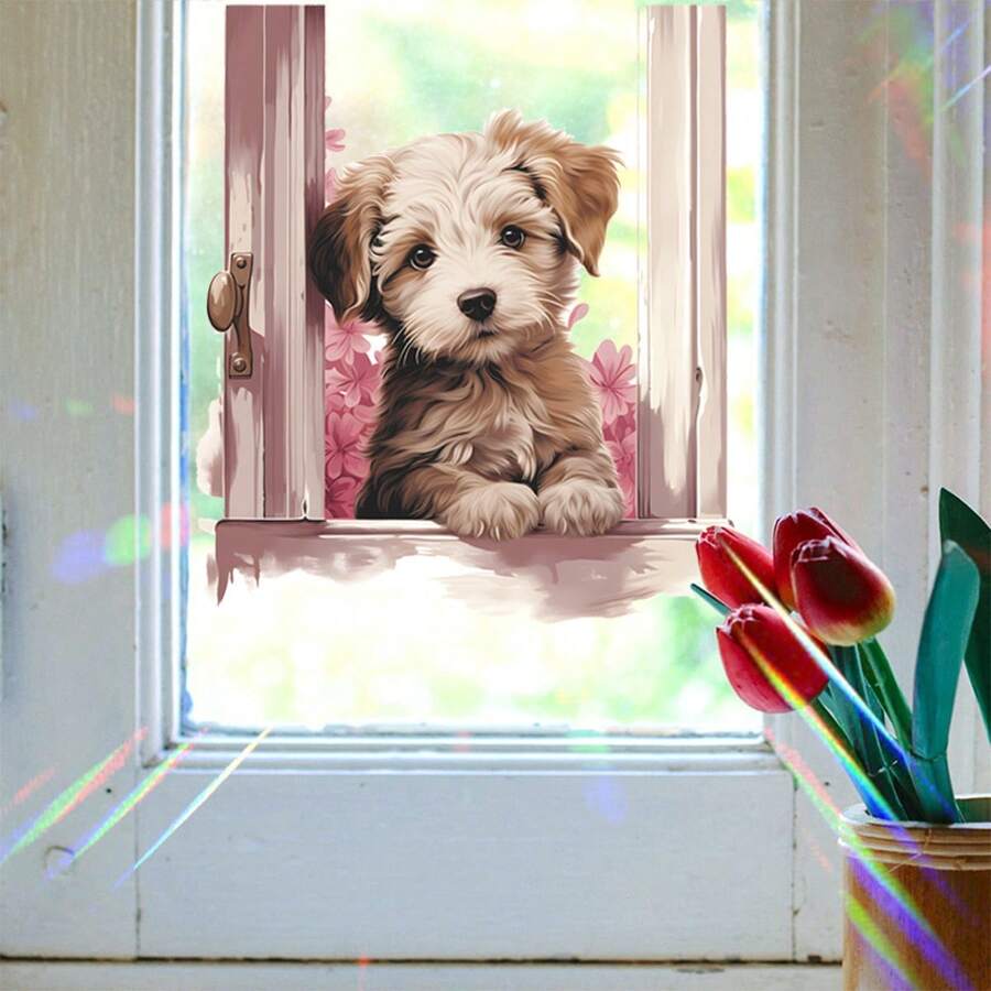 Una pieza de creativo adhesivo de pared autoadhesivo, lindo perro falso de dibujos animados en ventanal, decoración de fondo de hogar y embellecimiento de pared autoadhesivo - Multicolor - Ver 1