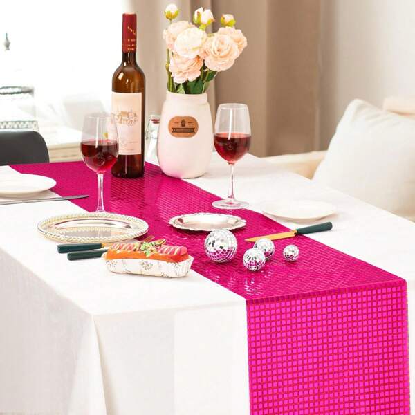 1pc Fuchsia Glitter Sequin Disco Table Runner, Home Kitchen Dining Room Table Decor, Suitable For Bar Party, Birthday Party, Hotel Wedding Dinner Table Decoration