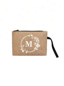 1Pc Letter Printed Linen Zipper Bag,Fashionable Wreath Letter Pattern,Coin Purse, Makeup Bag - Khaki - View 12