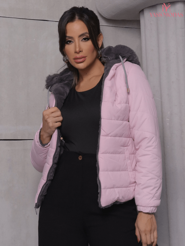 Jaqueta Dupla Face Teddy e Nylon Com Capuz Pelúcia Removível