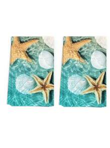 2pcs 400gsm Thick Super Soft Microfiber Starfish & Shell Printed Modern Minimalist Design Water-Absorbing Non-Shedding 17.7"X27.6" Rectangular Towels, Versatile For Kitchen, Bathroom, Living Room, Bedroom, Great Gift For Parents And Friends
