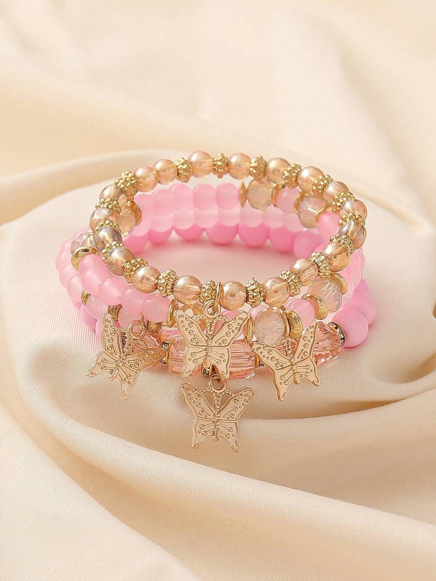 4件套波西米亚风手工串珠花朵蝴蝶吊坠弹力手链，女士款，海滩度假风，蝴蝶吊坠位置随机