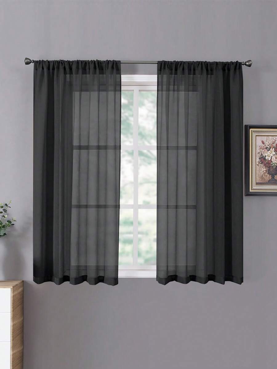 2 tấm rèm cửa voan mỏng màu trơn, tấm rèm cửa sổ bằng vải voan nhẹ có thể tháo rời cho phòng ngủ và phòng khách - màu đen - Xem 1