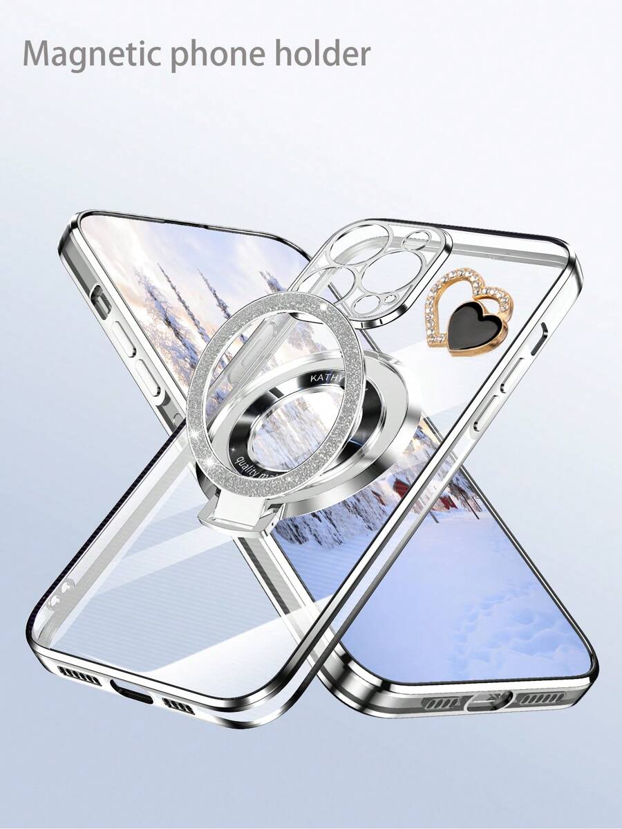 Nova capa transparente com glitter eletrogalvanizado, suporte oculto e anel magnético. Capa eletrogalvanizada anti-queda para celular + conjunto completo de capas para celular. Compatível com iPhone 7/8/X/XS/XR/11/12/13/14/15 Pro Max, Galaxy S22/S23/S24+, OPPO, VIVO e Redmi Note 11/12/13C. Formato de coração personalizável. Compatível com Moto/OPPO/VIVO/HONOR X6/X7/X8/X9/X5/Ab. - Prata - Ver 1