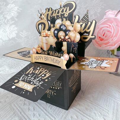 1 件 3D 立体贺卡生日快乐 3D 盒贺卡黑金激光镂空生日礼物，圣诞节