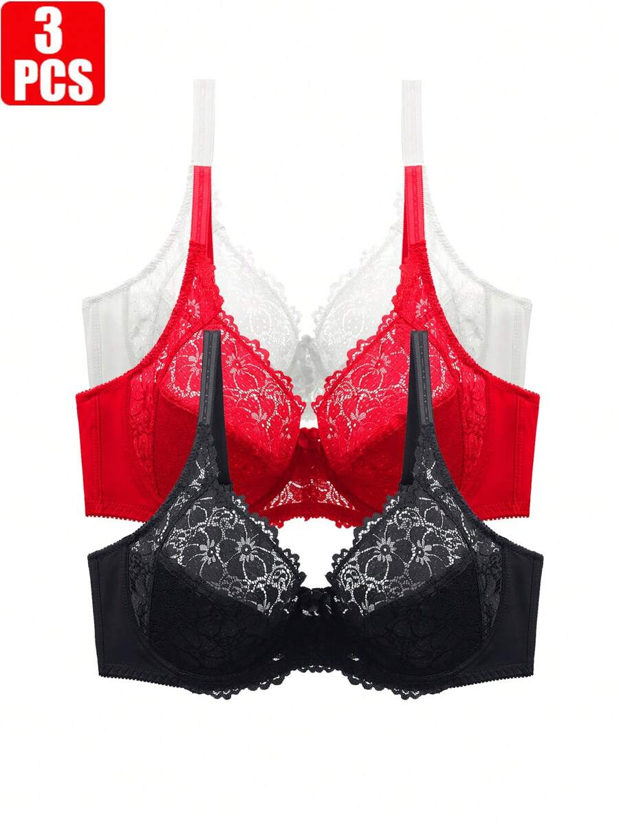 3 قطع/مجموعة حمالة صدر دانتيل مثيرة مقاس كبير للنساء، ملابس داخلية رفيعة للغاية على شكل كأس E - متعدد الألوان - مشاهدة 1