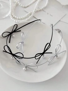 1 件韩国简约性感风格手工蝴蝶结皮革颈链，适合女士，带人造珍珠装饰，高端锁骨链，情人节、妈妈、母亲、母亲节、礼物 - 蝴蝶結 - 查看 8