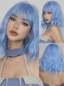 Short Bob Wigs With Bangs For Women Loose Wavy Wig Curly Wavy Shoulder Length Bob Synthetic Cosplay Wig For Girl Colorful Costume Wigs (Light Blue Wig)