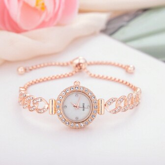 Cute Fashionable Lady Bracelet Watch Luxury Round Watch Dial With Diamond Crystals Water Ripples Female Bangle Watch Alloy Quartz Watch Girlfriend Gift