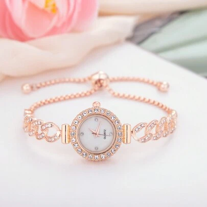 Cute Fashionable Lady Bracelet Watch Luxury Round Watch Dial With Diamond Crystals Water Ripples Female Bangle Watch Alloy Quartz Watch Girlfriend Gift