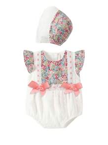 Completo neonata estivo con body floreale a pois e decorazione nodo, con cappello coordinato