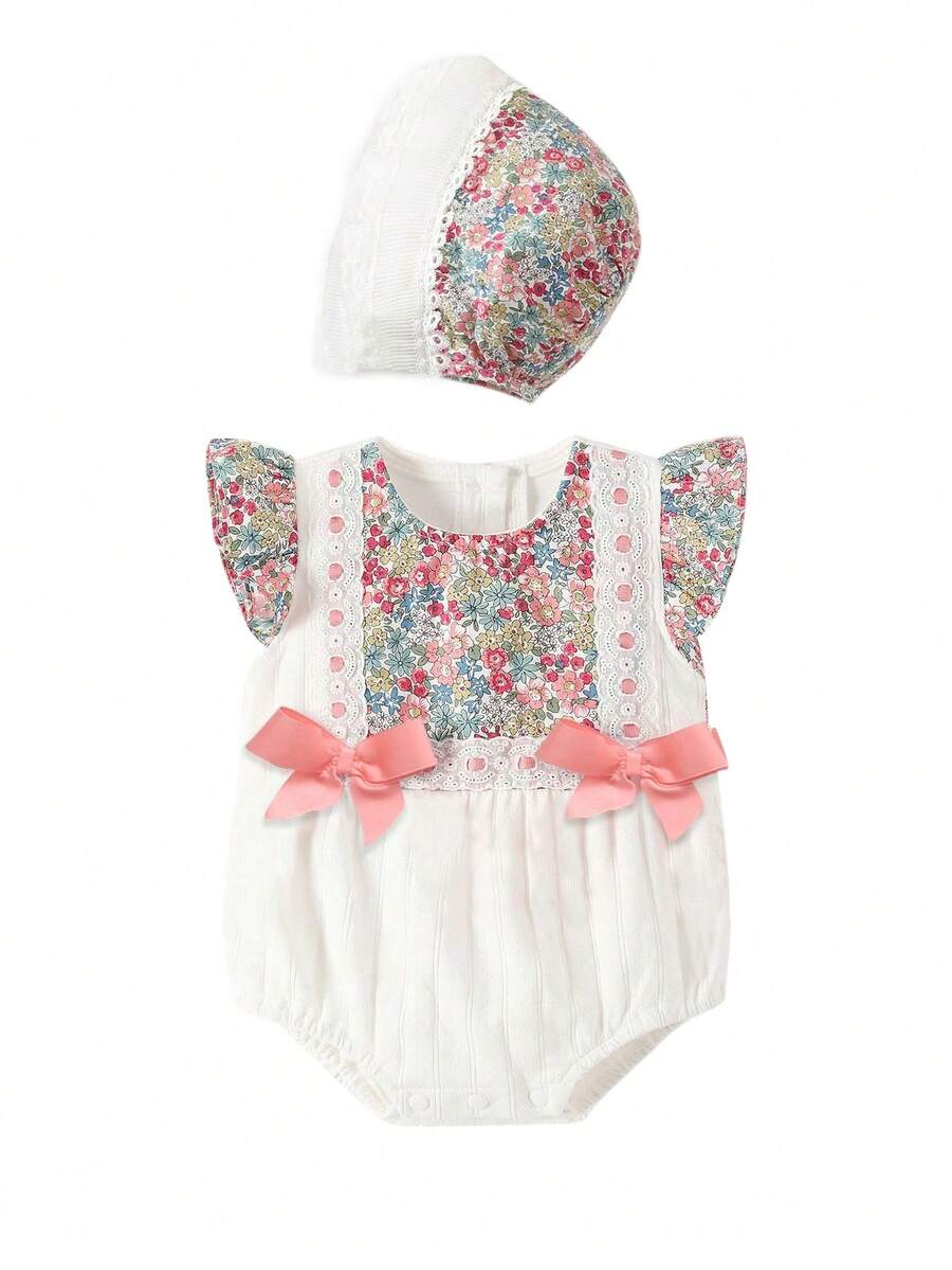 Completo neonata estivo con body floreale a pois e decorazione nodo, con cappello coordinato