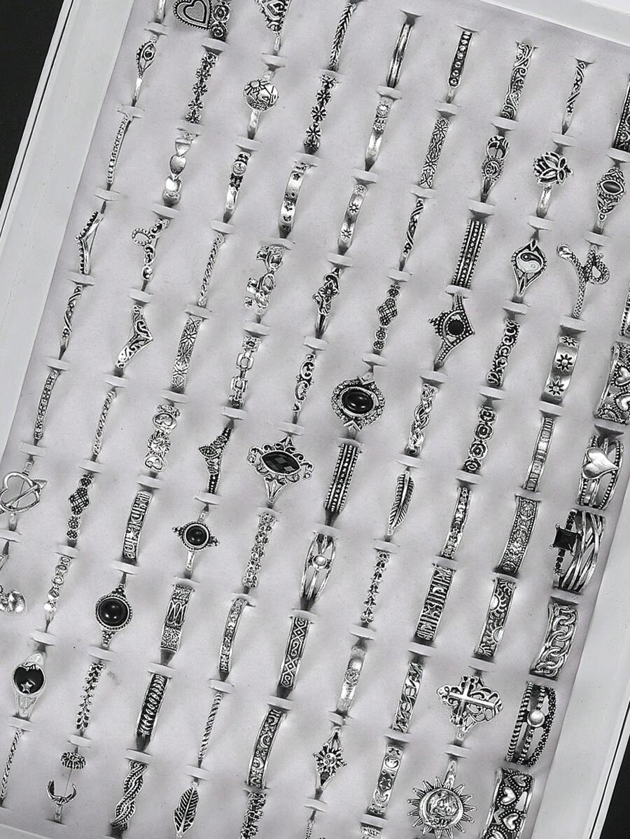 獨特的30PCS哥特風格合金戒指套裝，飾以黑色寶石 - 多用途，時尚，適合日常穿著和派對（不含盒裝） - 復古銀色 - 查看 1