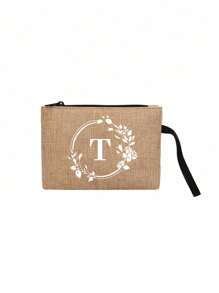 1Pc Letter Printed Linen Zipper Bag,Fashionable Wreath Letter Pattern,Coin Purse, Makeup Bag - Khaki - View 22
