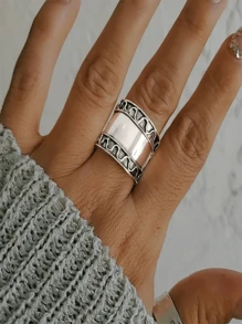 1入歐美復古風格實心銀凹紋紋理環，緩解壓力的極簡時尚款環 - 銀色 - 查看 6