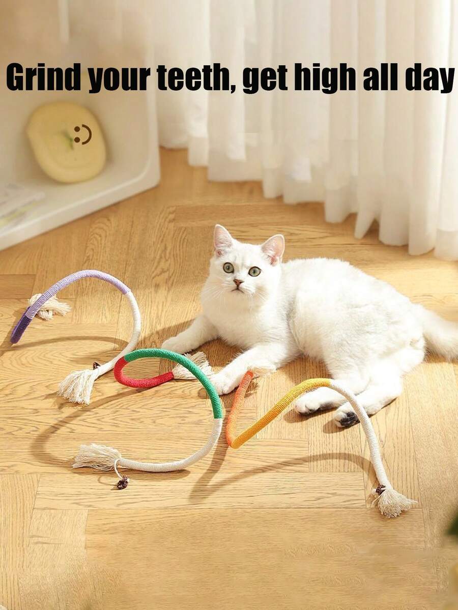 1pc Cat Toy With Biting Rope, Worm-Shaped Fruit Grinding Teeth Stick, Self-Entertaining And Teasing Stick With Rope - Multicolor - View 1