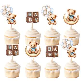 12 PCS Baby Shower Bear Cupcake Toppers Selection Baby Bear Theme Baby Shower Decorative Supplies Jungle Animal Theme Baby Shower Birthday Party Cake Decorative Supplies Blue,Christmas