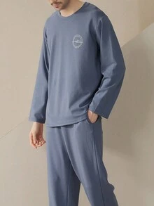 [AICJ Sleepwear]Men's Easter/Valentine's Day Gift Casual Loose Long Sleeve Top And Long Pants Homewear Set - Mint Blue - View 4