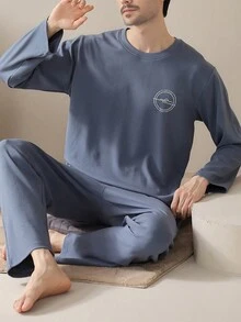 [AICJ Sleepwear]Men's Easter/Valentine's Day Gift Casual Loose Long Sleeve Top And Long Pants Homewear Set - Mint Blue - View 1